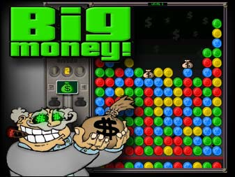 Spiel Big Money online: Klick auf Gruppen von drei oder mehr M&uuml;nzen, um diese einzusammeln. Durch das Einsammeln von M&uuml;nzen wird der Geld-O-Mat links gef&uuml;llt. Wenn er voll ist, f&auml;llt ein Geldsack herunter. Schnappst du ihn, um weiter zu kommen!