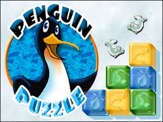 Spiel Penguin Puzzle online: Bilde 2x2-Quadrate aus gleichfarbigen Eisw&uuml;rfeln. Bilde soviele du kannst und verhaspele dich nicht!